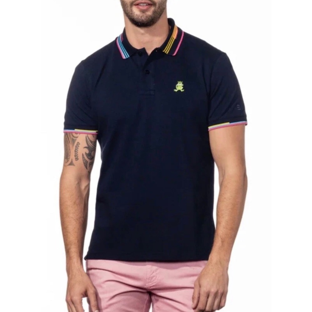Eight X Mens XXL Navy Blue Frog Embroidered Polo Shirt Striped Trim Short Sleeve